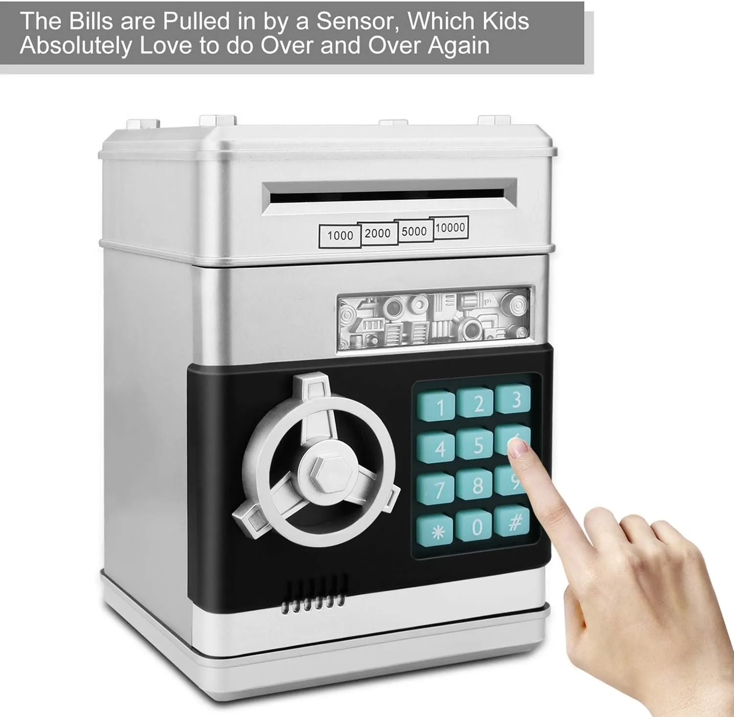 for Kids (Silvery) Toy Piggy Bank, Electronic excitement ATM Password Cash Coin Can Auto Scroll Paper Money Saving Box Gift 
