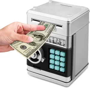 for Kids (Silvery) Toy Piggy Bank, Electronic excitement ATM Password Cash Coin Can Auto Scroll Paper Money Saving Box Gift 