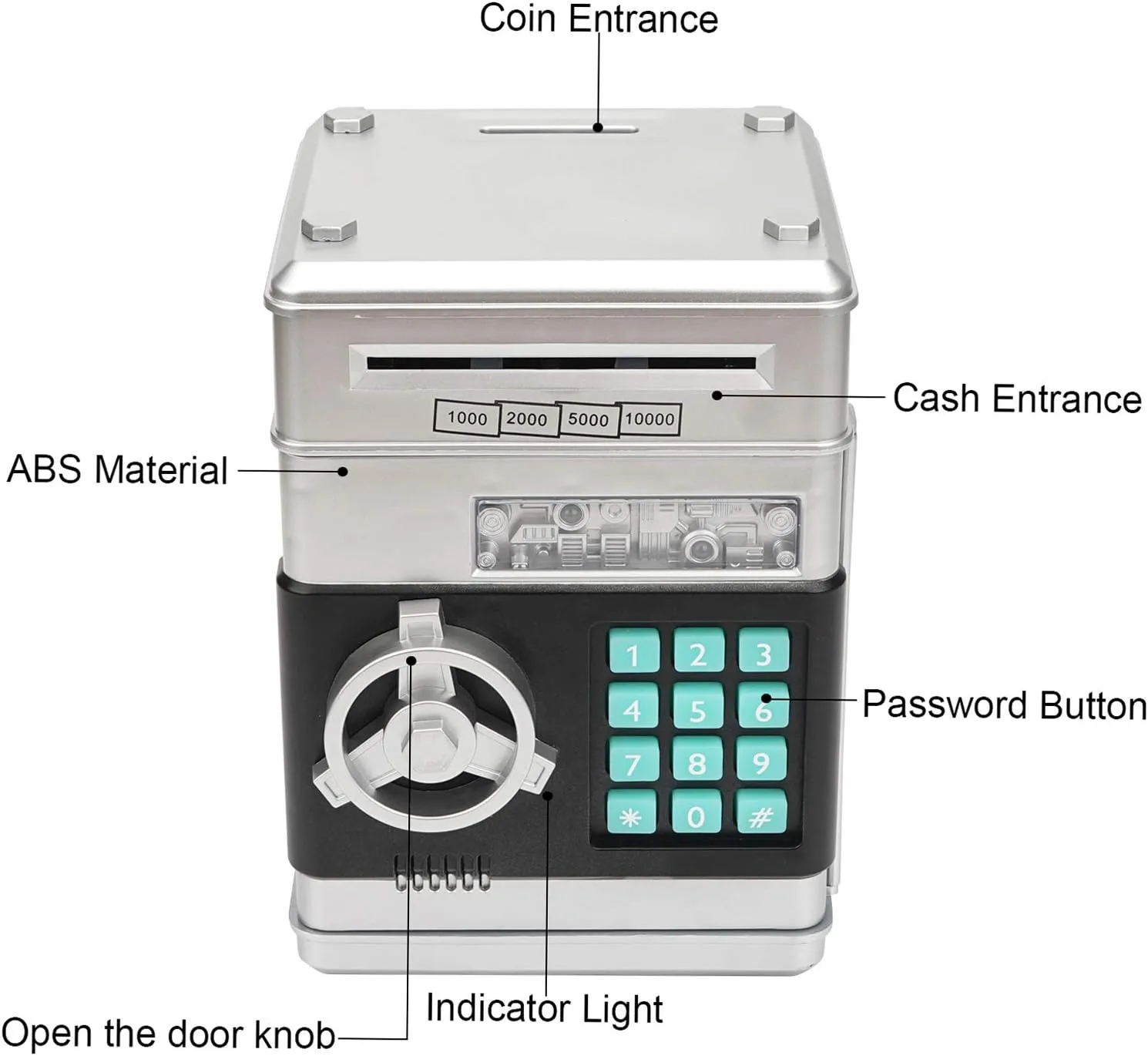 for Kids (Silvery) Toy Piggy Bank, Electronic excitement ATM Password Cash Coin Can Auto Scroll Paper Money Saving Box Gift 
