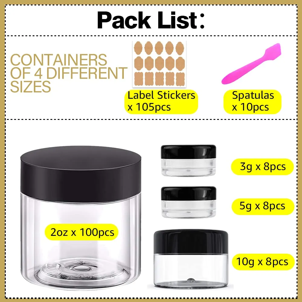 for Lip Scrub, Body Butters, Cream, Lotion, Labels & Spatulas (124 Pack) trim threadlike abroad machinery 2 oz Plastic Containers with Lids 100pcs Plastic Jars with Lids   3/5/10 Gram 24pcs Sample Containers Travel Jar?C Great 