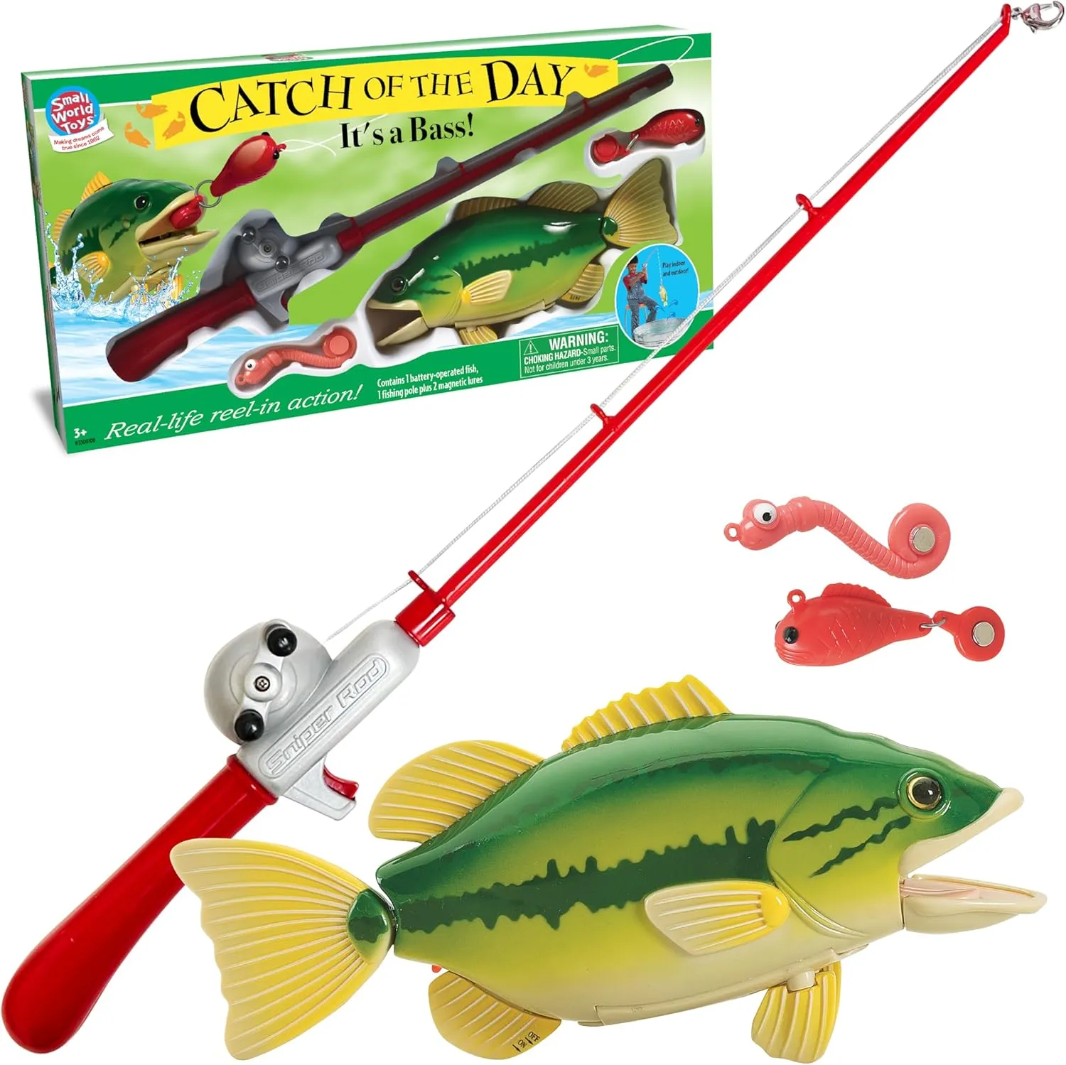 For Toddler Bath Toys$ Water Fish Toys For Pools & Tubs Small World Toys Magnetic Fishing Game$ Catch of The Day Bass Fishing Toy for Kids Ages 3 $ Includes Kids Fishing Pole and carving 1 Fish 