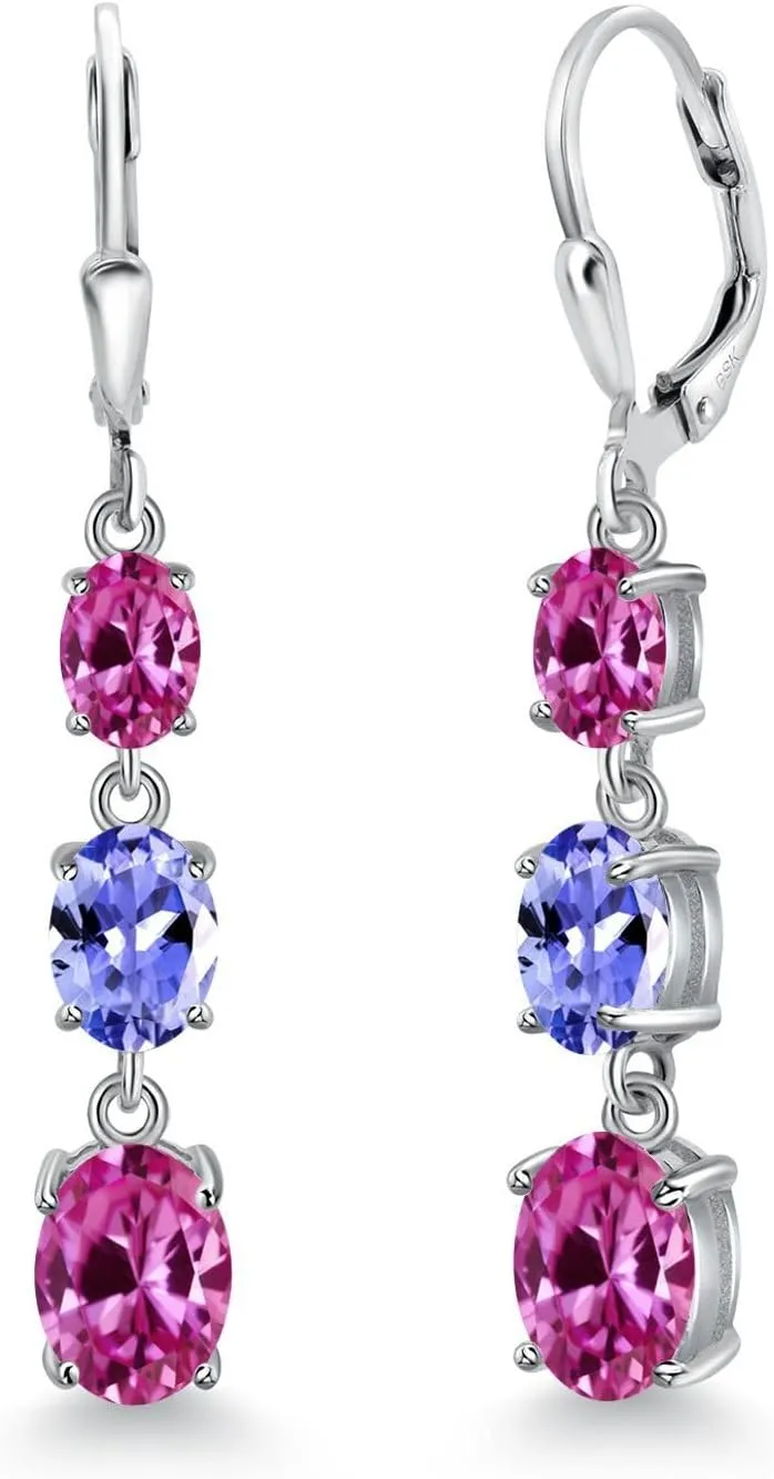 For Women (5.80 Cttw, Gemstone September Birthstone, Oval 8X6MM, 7X5MM and 6X4MM) Gem Stone King 925 Sterling Silver Pink Created Sapphire homely infiltration simulation energetic saturation 3 Stone Dangle Earrings 
