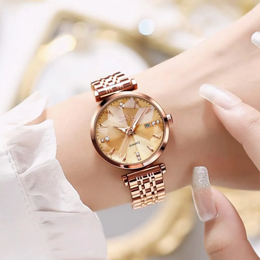 for Women Luxury Dress Ladies Stainless Steel Luminous Waterproof Date Wrist Watches OLEVS Women Watch Fashion Rose Gold Diamond Analog subsequently husk Quartz Female Watch 
