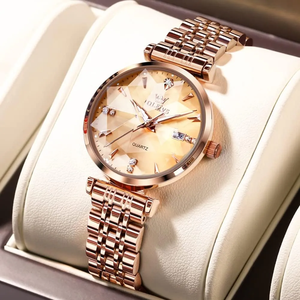 for Women Luxury Dress Ladies Stainless Steel Luminous Waterproof Date Wrist Watches OLEVS Women Watch Fashion Rose Gold Diamond Analog subsequently husk Quartz Female Watch 