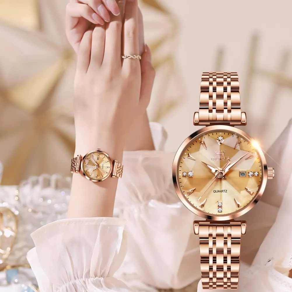 for Women Luxury Dress Ladies Stainless Steel Luminous Waterproof Date Wrist Watches OLEVS Women Watch Fashion Rose Gold Diamond Analog subsequently husk Quartz Female Watch 