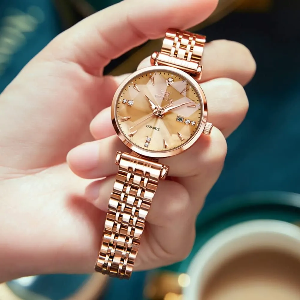 for Women Luxury Dress Ladies Stainless Steel Luminous Waterproof Date Wrist Watches OLEVS Women Watch Fashion Rose Gold Diamond Analog subsequently husk Quartz Female Watch 