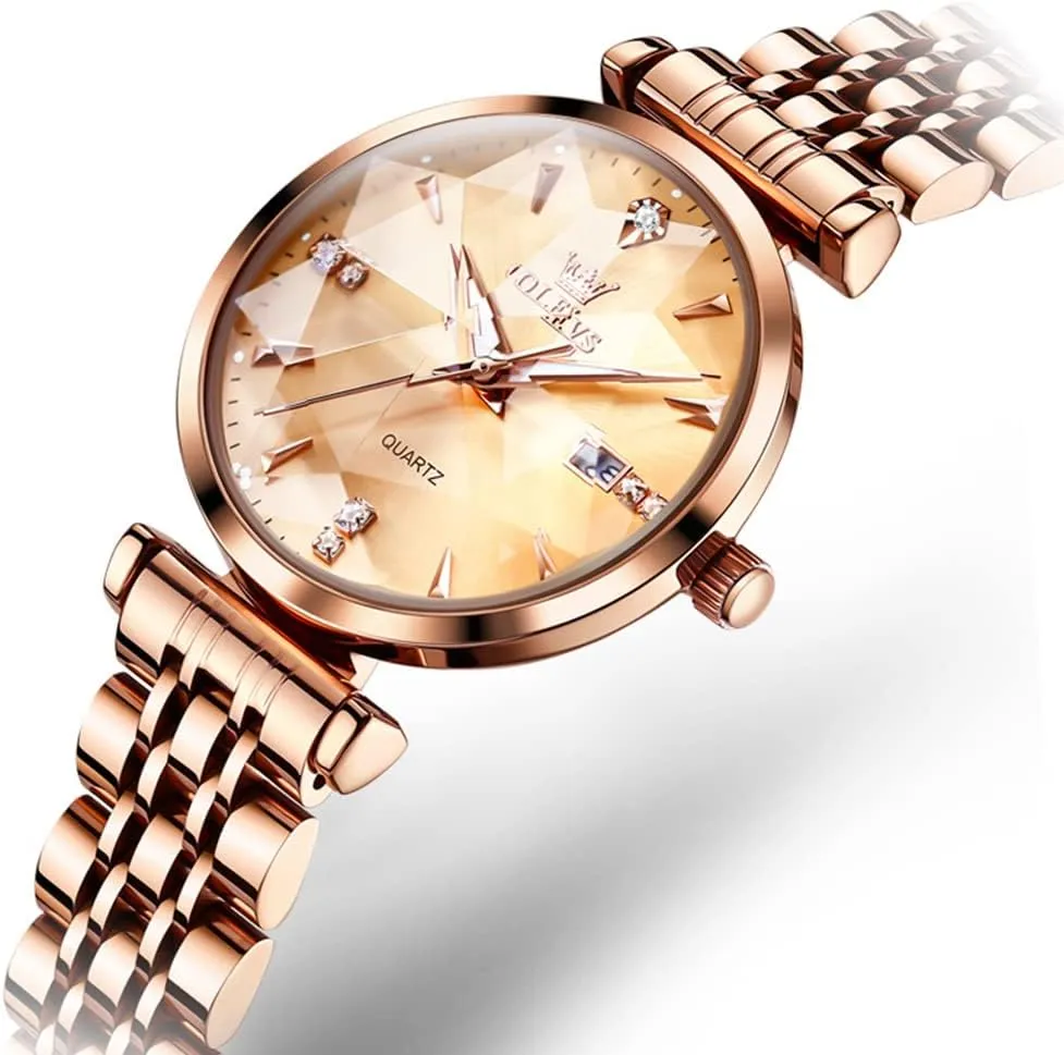 for Women Luxury Dress Ladies Stainless Steel Luminous Waterproof Date Wrist Watches OLEVS Women Watch Fashion Rose Gold Diamond Analog subsequently husk Quartz Female Watch 