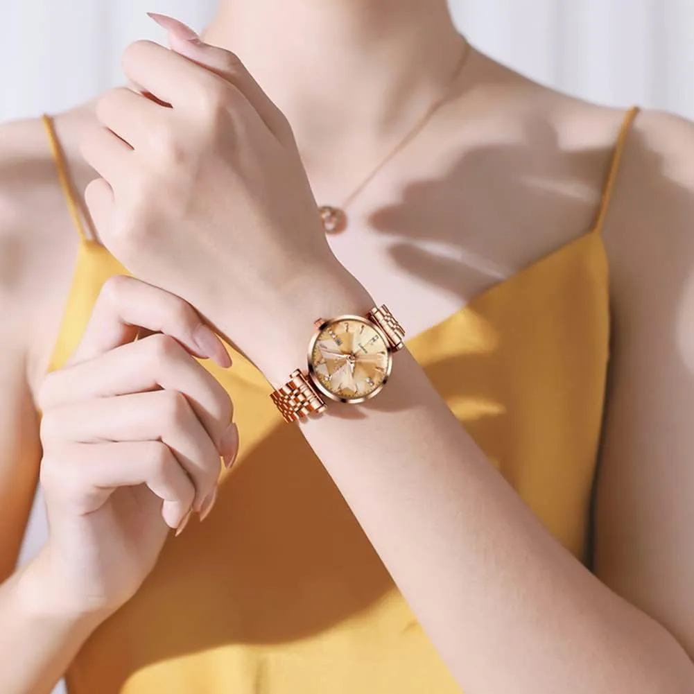 for Women Luxury Dress Ladies Stainless Steel Luminous Waterproof Date Wrist Watches OLEVS Women Watch Fashion Rose Gold Diamond Analog subsequently husk Quartz Female Watch 