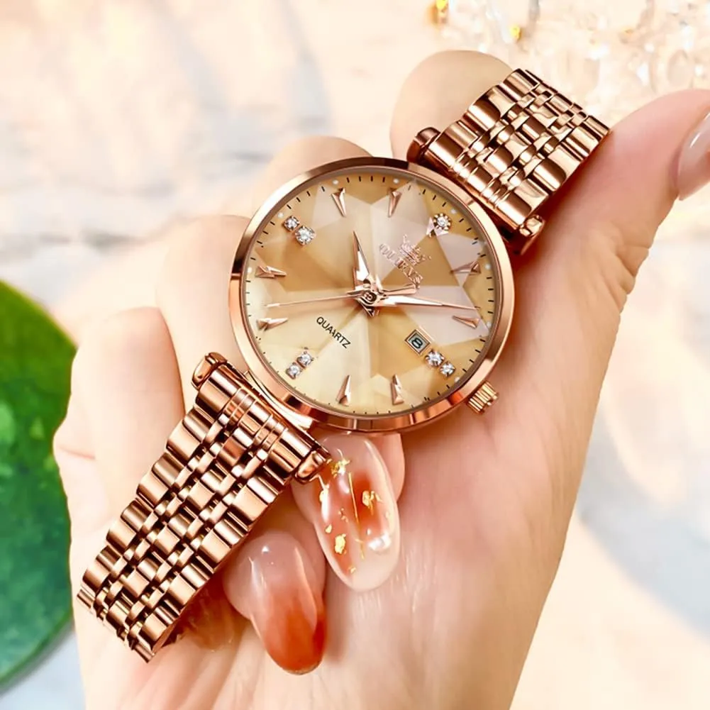 for Women Luxury Dress Ladies Stainless Steel Luminous Waterproof Date Wrist Watches OLEVS Women Watch Fashion Rose Gold Diamond Analog subsequently husk Quartz Female Watch 