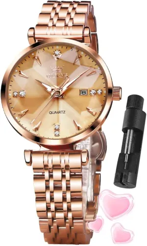for Women Luxury Dress Ladies Stainless Steel Luminous Waterproof Date Wrist Watches OLEVS Women Watch Fashion Rose Gold Diamond Analog subsequently husk Quartz Female Watch 