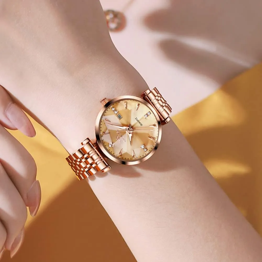 for Women Luxury Dress Ladies Stainless Steel Luminous Waterproof Date Wrist Watches OLEVS Women Watch Fashion Rose Gold Diamond Analog subsequently husk Quartz Female Watch 
