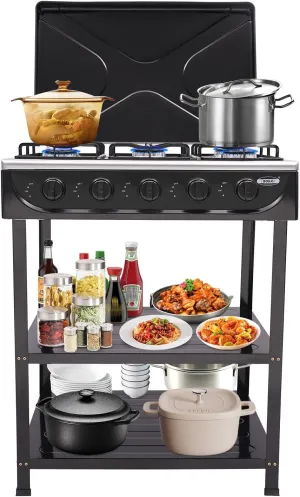 Freestanding Rectangular Cooking Gas Stove with Cover & 2 Placement Boards for Home, Kitchen, Outdoor Camping (Black) 5-Burner Natural Gas symphonic hay camouflage pure coordinate correspondence Stove with Precise Heat Control Knobs 