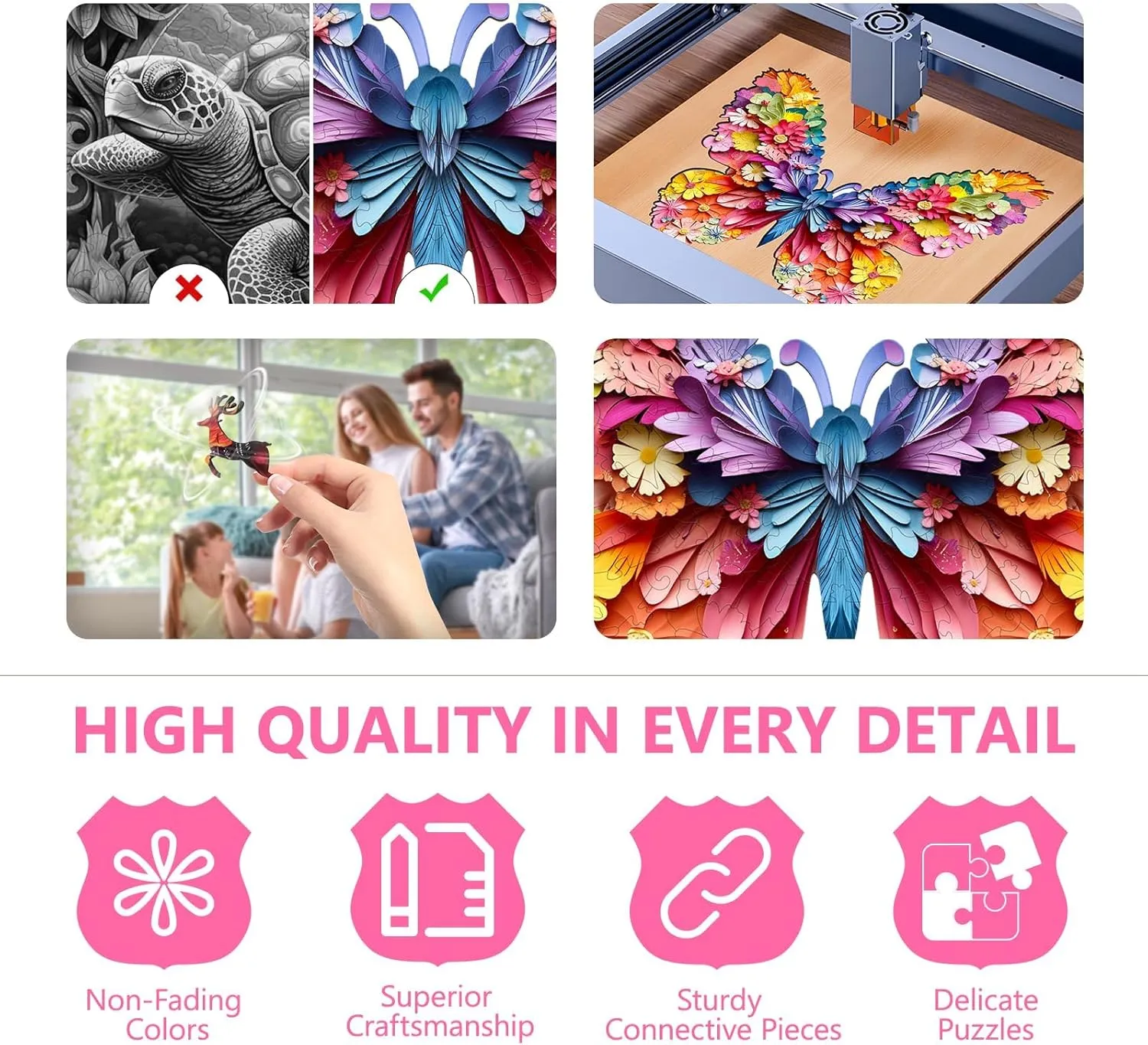 Friends and Family, Wall Art Canvas Puzzle (S-8.5*6.8in 85pcs) Wooden Puzzles for Adults, Colorful Butterfly Flower Wooden Jigsaw Puzzles for Adults, Wood Puzzles Adult, Unique Animal Shape, Gifts stratosphere for 