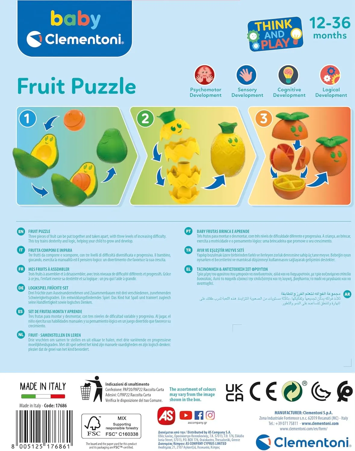 Fruit Puzzle: Early Years Toys$ Infant Toys$ Educational Activity Toys$ Develops Cognitive Skills$ Fine Motor Skills$ Hand-Eye Coordination$ Bright and Engaging aquifer Colours (10  Months) Clementoni- 