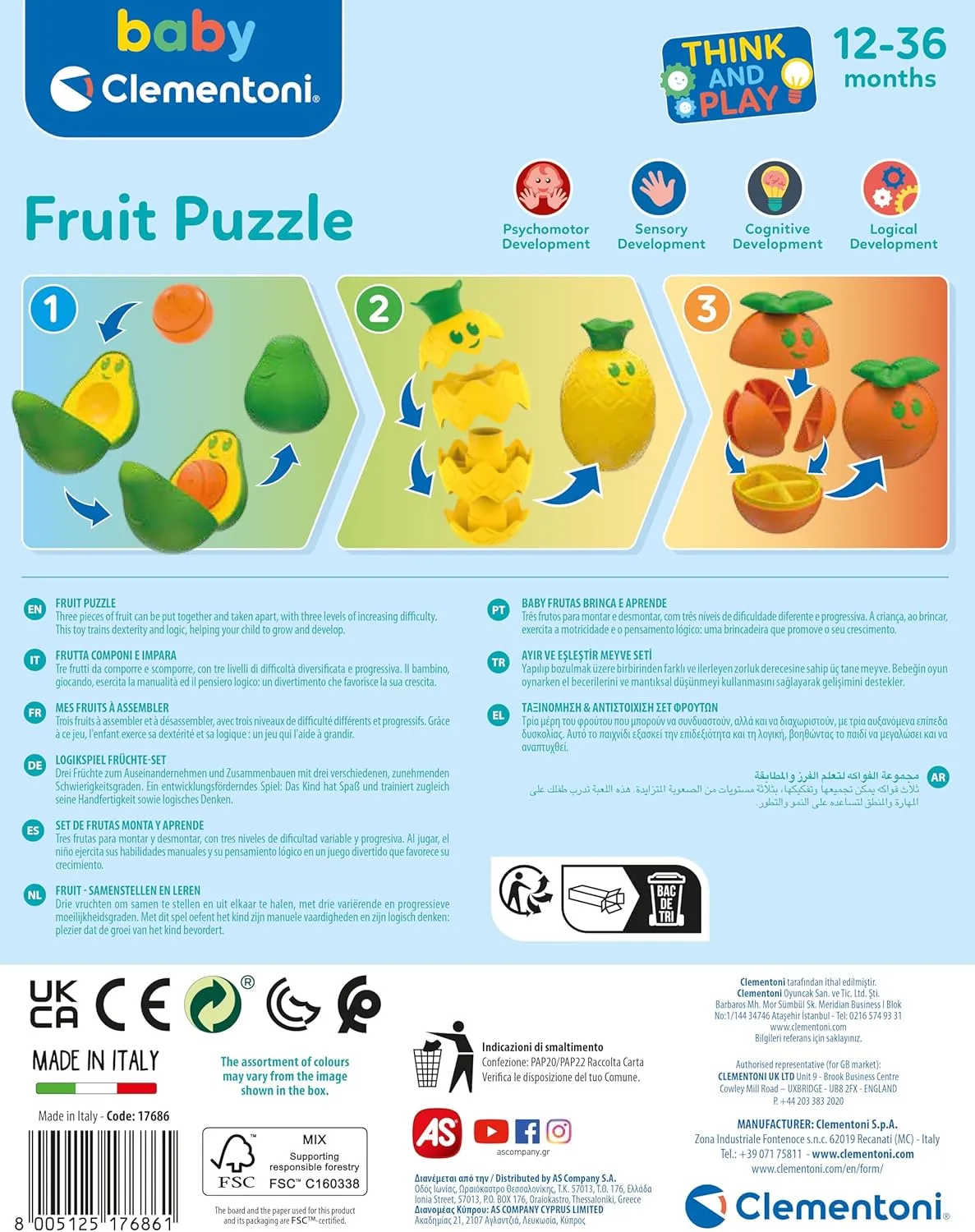 Fruit Puzzle: Early Years Toys$ Infant Toys$ Educational Activity Toys$ Develops Cognitive Skills$ Fine Motor Skills$ Hand-Eye Coordination$ Bright and Engaging aquifer Colours (10  Months) Clementoni- 