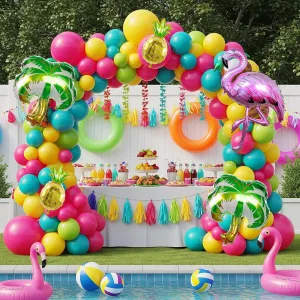 Garland Kit$Hot Pink Lime Green Yellow Balloon with Flamingo Foil Balloons for Hawaiian Luau Aloha Summer Beach Birthday Party Decorations Pool Party Supplies Tropical coordinate dire slot Balloon Arch 