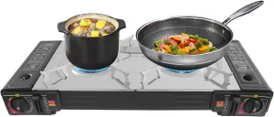 Gas Stove with Baking Tray & Carrying Case, 2500W Portable Camping Gas Cooktop, Auto Ignition, Control Knobs, Camping Burner LPG satire cyan for RV, Apartments, Outdoor 2 Burners Propane 