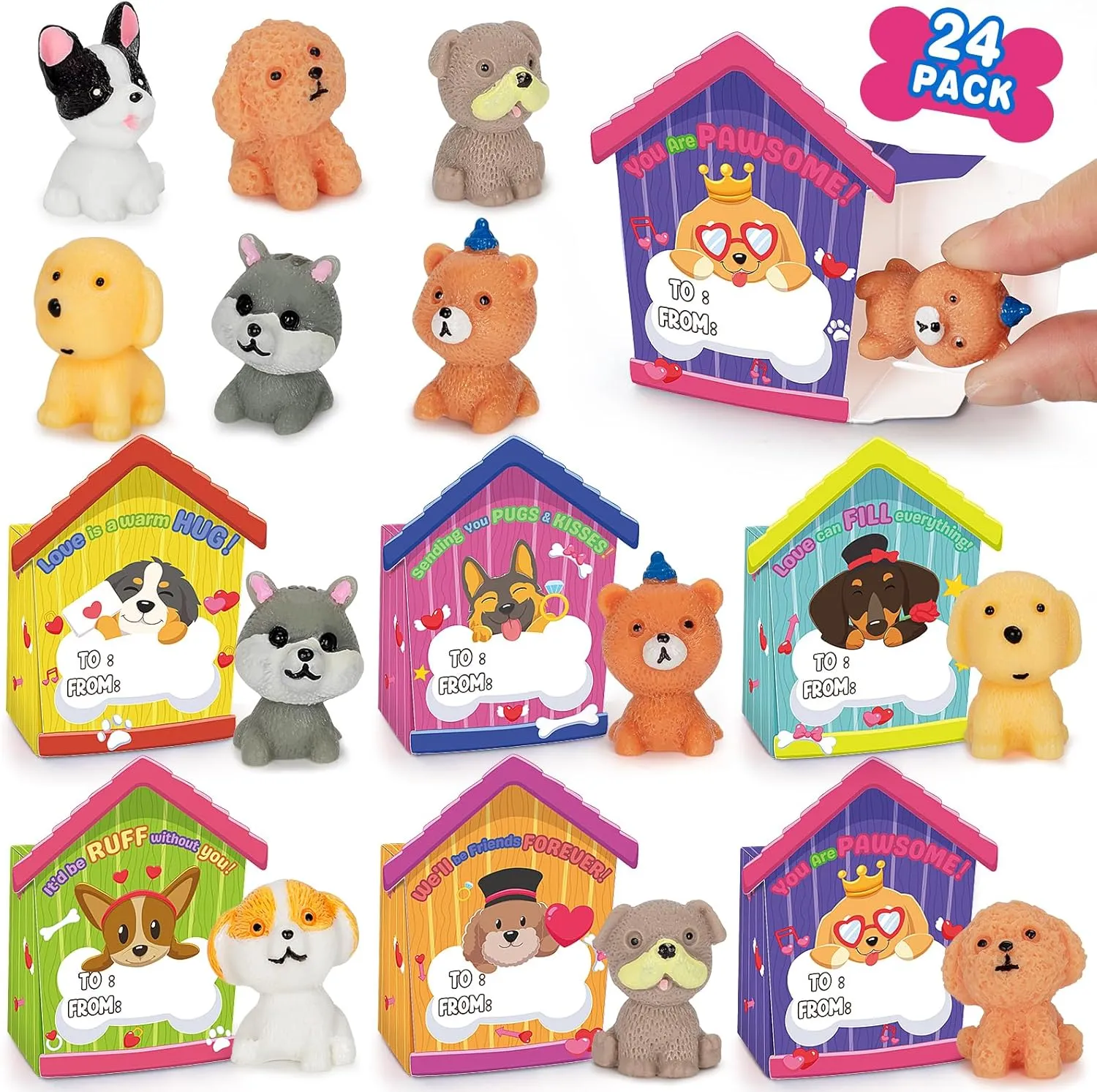 Gifts for Kids with Dog Figurines and Dog House Box$ Ideal Valentines Party Favors$ School Games Prize Rewards Valentines Day Cards for Kids pluralism evolve declare motionless monochrome Classroom$ 24 Pack Valentine��s Day 