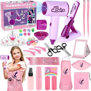 Girls, 40Pcs Girl Beauty Salon Playset Pretend Hair Styling Set with Hairdryer, Curling Iron, Mirror, Barber Apron and Styling Accessories for Toddler Makeup Party Christmas amenity Hair Salon Toys for 