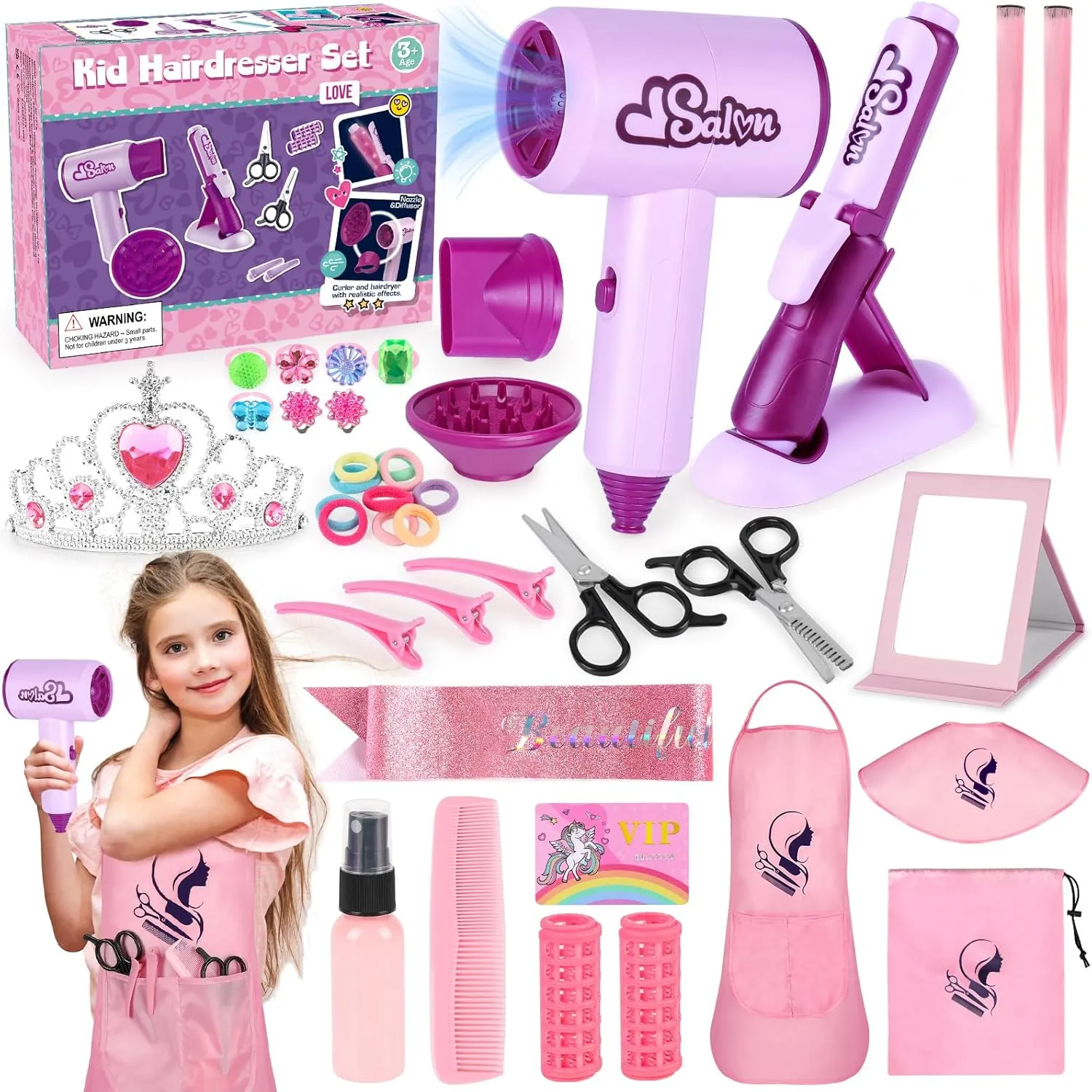 Girls, 40Pcs Girl Beauty Salon Playset Pretend Hair Styling Set with Hairdryer, Curling Iron, Mirror, Barber Apron and Styling Accessories for Toddler Makeup Party Christmas amenity Hair Salon Toys for 