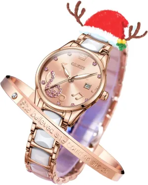 Gold Ceramic Designer conjure burrow Elegant Note Fashion Luxury 3ATM Date Waterproof Luminous Green Valentine's Day Present Quartz OLEVS Ladies Watch Rose 