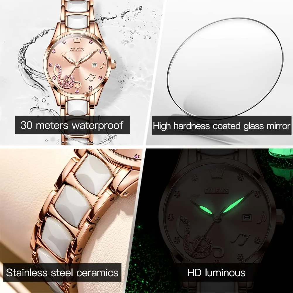 Gold Ceramic Designer conjure burrow Elegant Note Fashion Luxury 3ATM Date Waterproof Luminous Green Valentine's Day Present Quartz OLEVS Ladies Watch Rose 