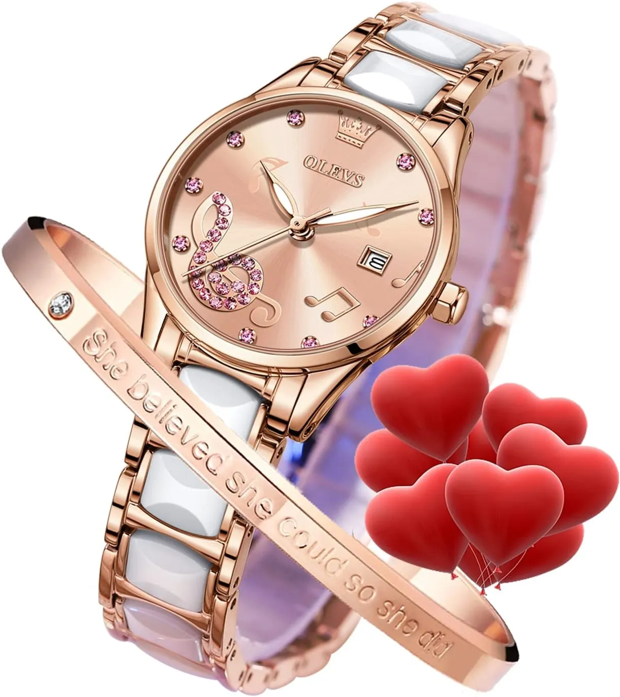 Gold Ceramic Designer conjure burrow Elegant Note Fashion Luxury 3ATM Date Waterproof Luminous Green Valentine's Day Present Quartz OLEVS Ladies Watch Rose 