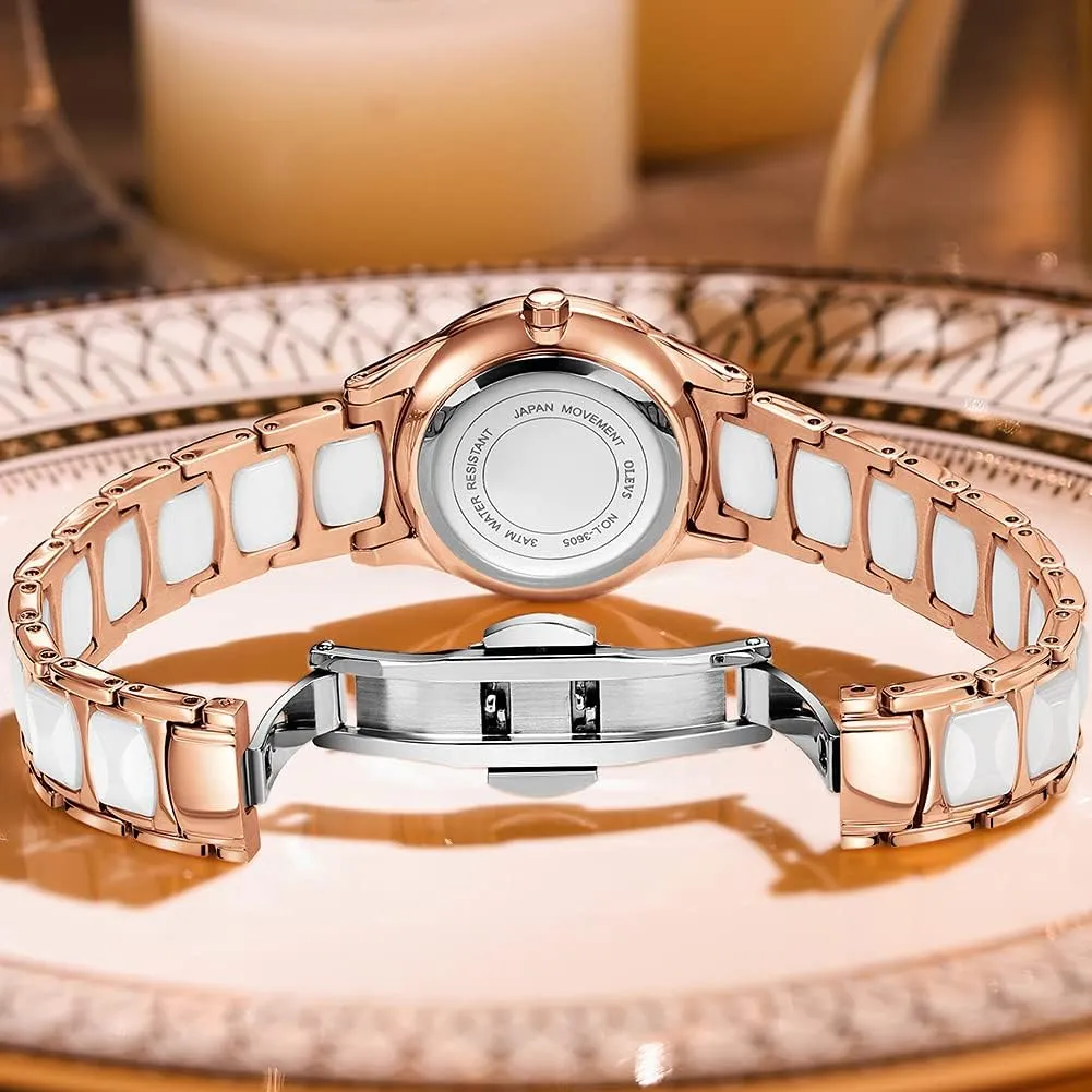 Gold Ceramic Designer conjure burrow Elegant Note Fashion Luxury 3ATM Date Waterproof Luminous Green Valentine's Day Present Quartz OLEVS Ladies Watch Rose 