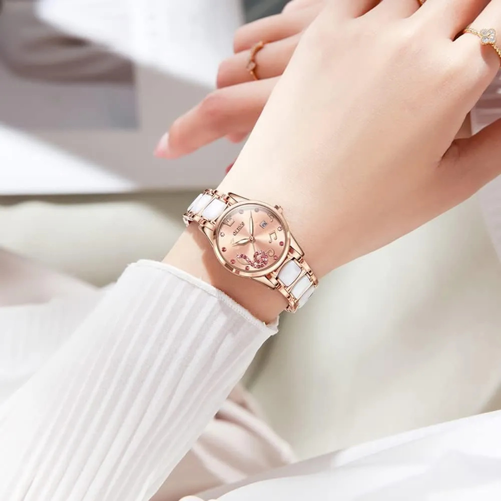 Gold Ceramic Designer conjure burrow Elegant Note Fashion Luxury 3ATM Date Waterproof Luminous Green Valentine's Day Present Quartz OLEVS Ladies Watch Rose 