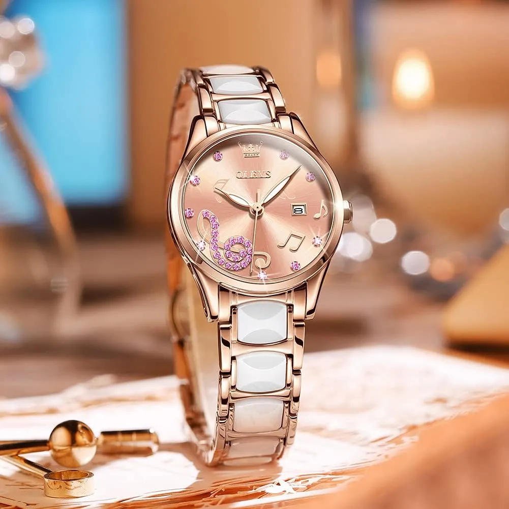 Gold Ceramic Designer conjure burrow Elegant Note Fashion Luxury 3ATM Date Waterproof Luminous Green Valentine's Day Present Quartz OLEVS Ladies Watch Rose 