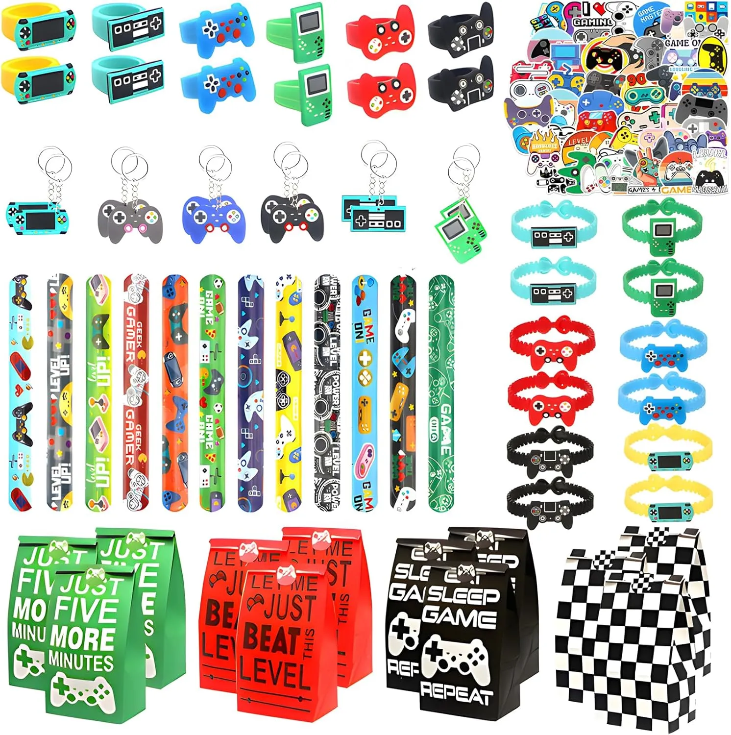 Goodie Bags Included Gift Bags$ Game Keychain$ Slap Bracelet$ Stickers$ Ring$ Hand Strap for Gaming Kids 110 Pcs Video Game Party Favors$ Gamer party Favors finch - 12 sets of Gaming Birthday 