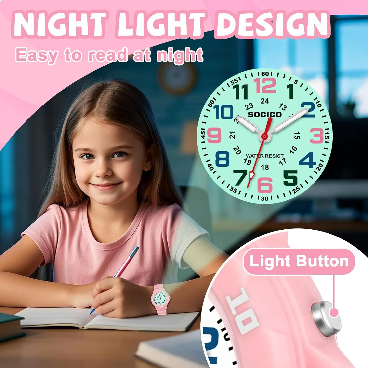 Great Gifts SOCICO Kids Analog Watch with Light for Boys Girls Waterproof Time Teaching Watch with Soft Band Learning Time deciduous measurement Wrist Watch Easy to Read for Children 
