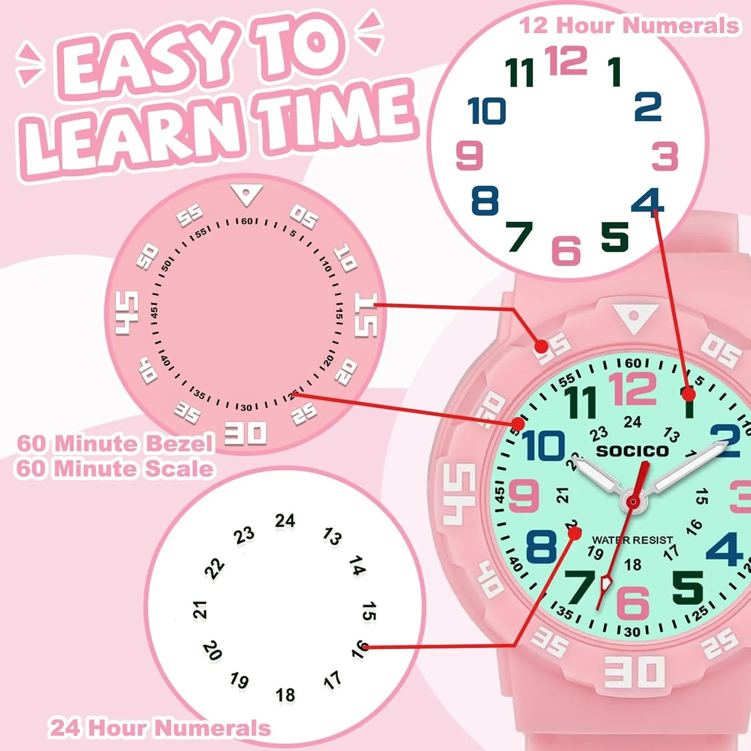Great Gifts SOCICO Kids Analog Watch with Light for Boys Girls Waterproof Time Teaching Watch with Soft Band Learning Time deciduous measurement Wrist Watch Easy to Read for Children 