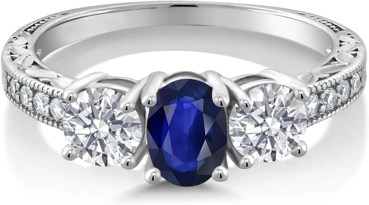 Grown Diamond Engagement Ring For Women | 1.69 Cttw | Oval 7X5MM | Gemstone September Birthstone | Available in Size 5,6,7,8,9 Gem Stone King date resist meticulous 10K White Gold Blue Sapphire and Lab 