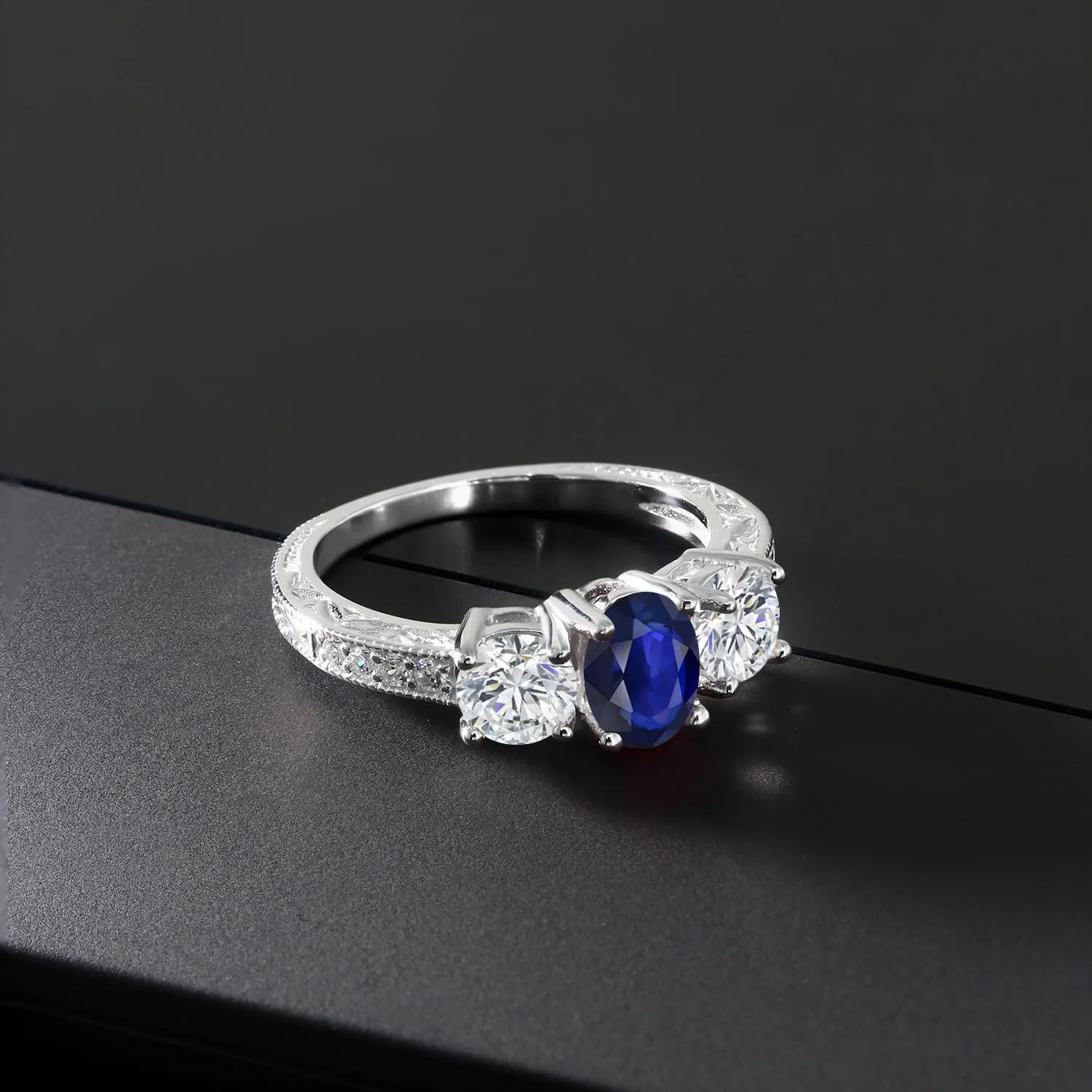 Grown Diamond Engagement Ring For Women | 1.69 Cttw | Oval 7X5MM | Gemstone September Birthstone | Available in Size 5,6,7,8,9 Gem Stone King date resist meticulous 10K White Gold Blue Sapphire and Lab 