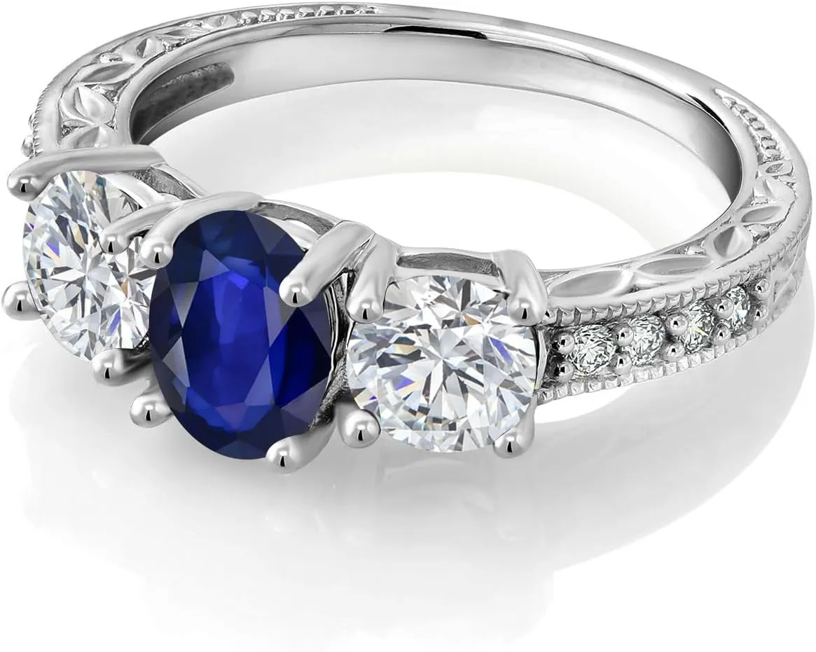 Grown Diamond Engagement Ring For Women | 1.69 Cttw | Oval 7X5MM | Gemstone September Birthstone | Available in Size 5,6,7,8,9 Gem Stone King date resist meticulous 10K White Gold Blue Sapphire and Lab 