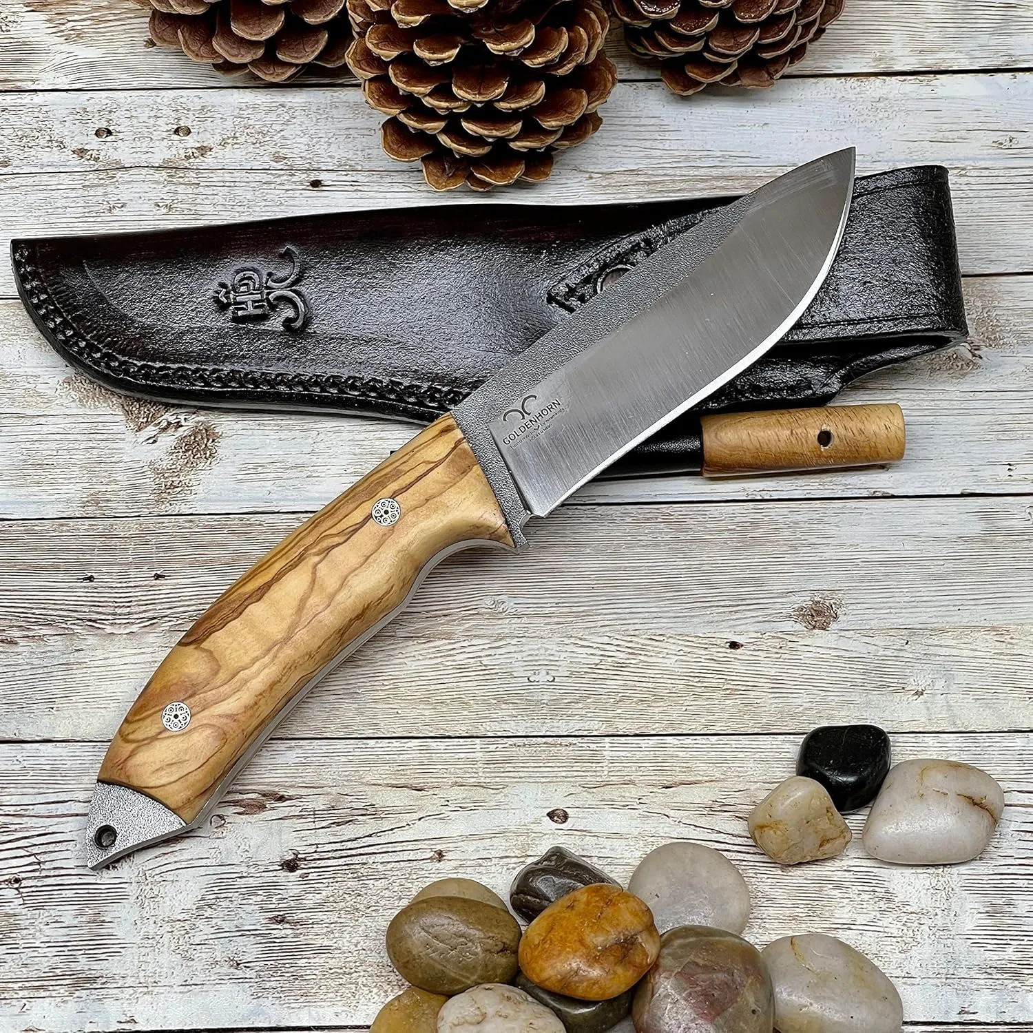 Handle and Leather Sheath for Gift treeless treadmill hibernate warp - Bohler N690 Bushcraft Knife Golden Horn Expert Handcraft Hunting Knife with Personalized Olive Wood 