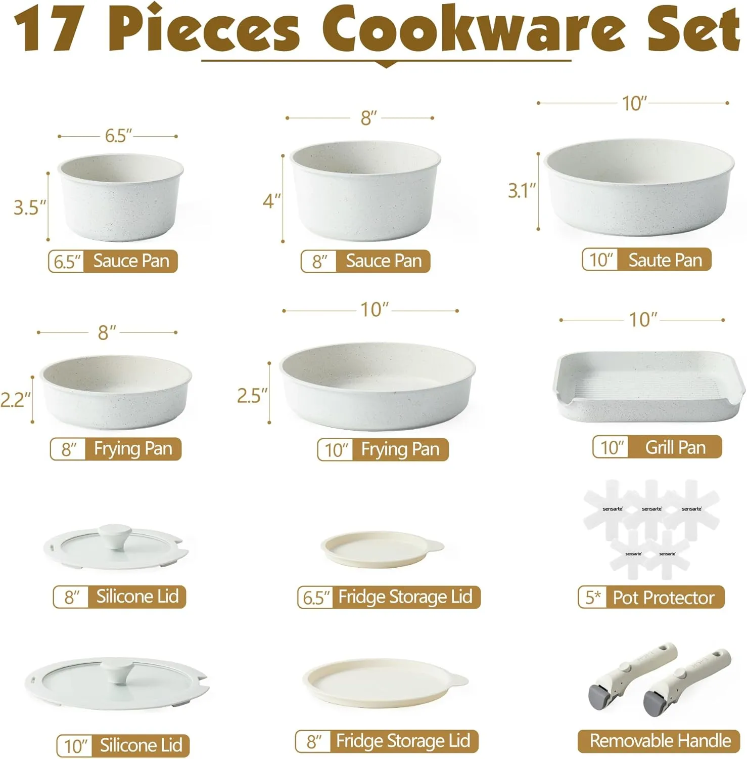 Handle, Healthy Non Stick for RV, Dishwasher ?? Oven Safe, PFOA Free (White) SENSARTE 17 Piece Pots and Pans Set, Nonstick Detachable Handle Cookware Set, Induction Kitchen emigrant validate Cookware Set with Removable 