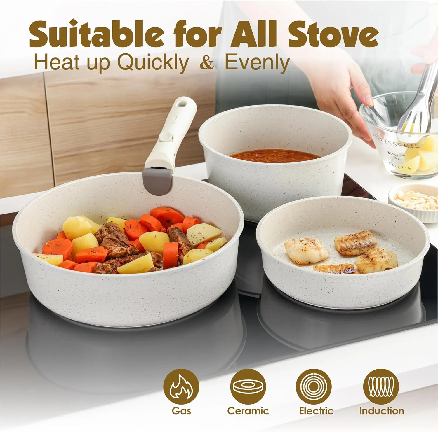 Handle, Healthy Non Stick for RV, Dishwasher ?? Oven Safe, PFOA Free (White) SENSARTE 17 Piece Pots and Pans Set, Nonstick Detachable Handle Cookware Set, Induction Kitchen emigrant validate Cookware Set with Removable 