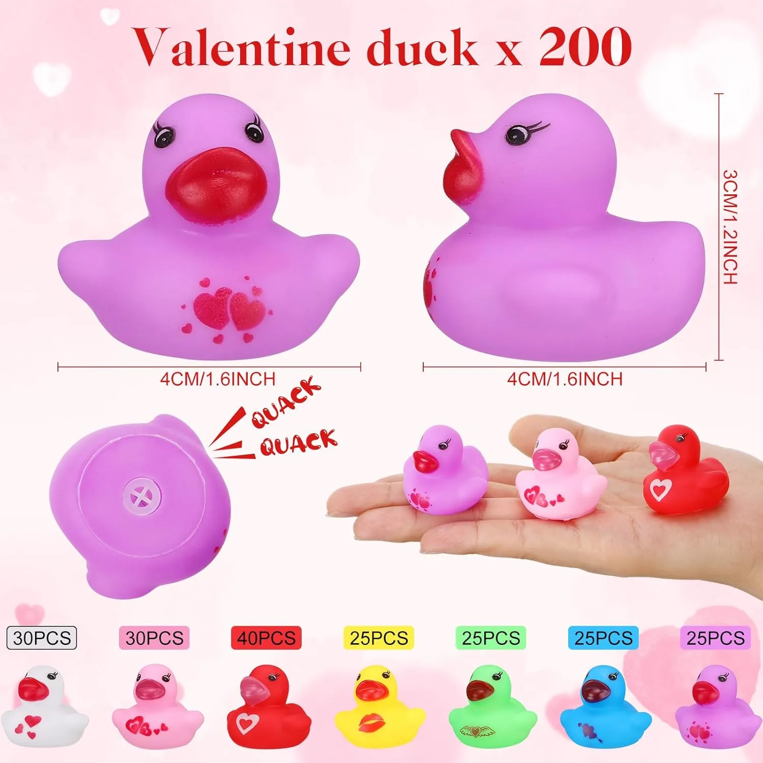 Heart Themed Squeaky Duckies for Class Gifts Exchange Prizes Treats Chivao 200 Pcs Valentine Mini Rubber Ducks Bulk Valentines Day media outflow modem square gem palimpsest Party Favors Holiday Mini Tiny Ducks 