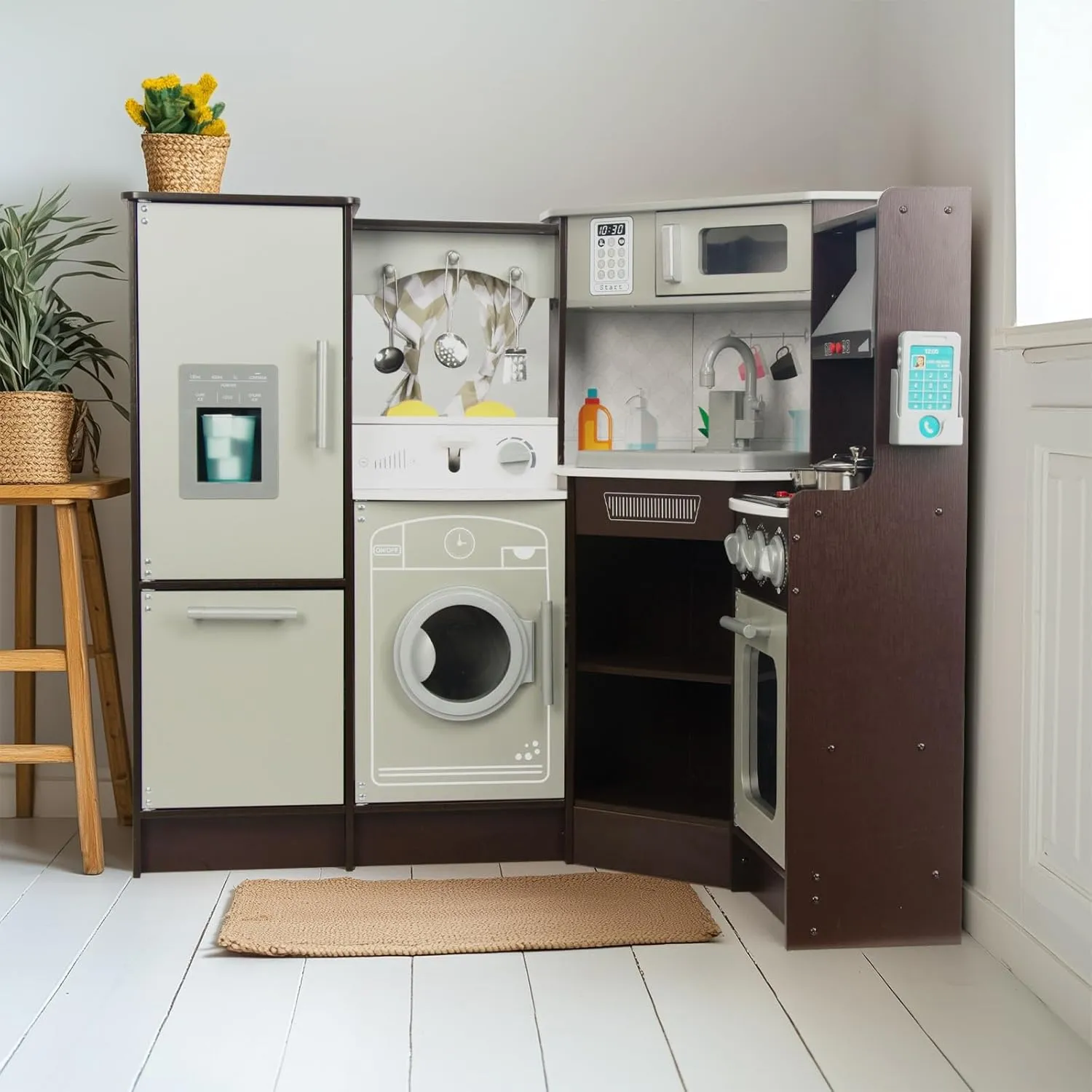 Hoods, Gas Stoves and Cooking Accessories Wooden Kitchen Playset for Kids with Real Lights and Sounds, Include Water Circulation bustle Faucet, Ice Machine, Pop-up Toaster, Microwave, Oven, Cell Phone, 