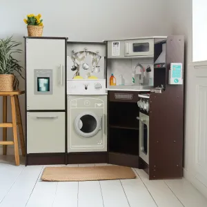 Hoods, Gas Stoves and Cooking Accessories Wooden Kitchen Playset for Kids with Real Lights and Sounds, Include Water Circulation bustle Faucet, Ice Machine, Pop-up Toaster, Microwave, Oven, Cell Phone, 
