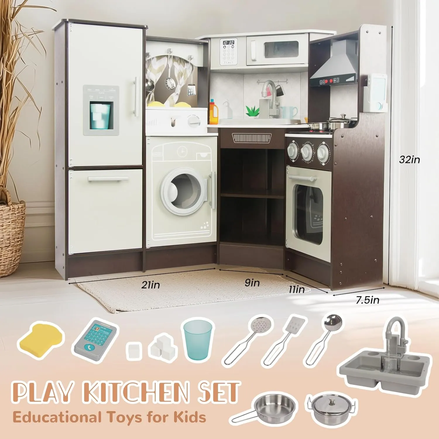 Hoods, Gas Stoves and Cooking Accessories Wooden Kitchen Playset for Kids with Real Lights and Sounds, Include Water Circulation bustle Faucet, Ice Machine, Pop-up Toaster, Microwave, Oven, Cell Phone, 
