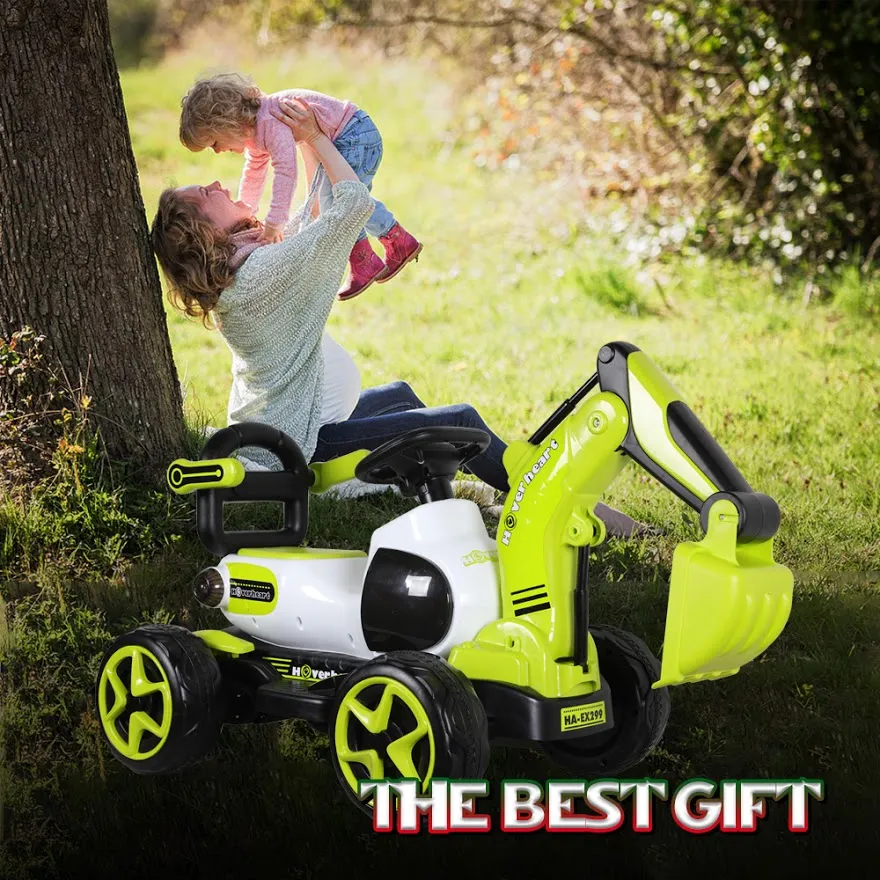 HOVER HEART Electric Excavator Ride-On Toy, 6V/4.5Ah Construction Truck 4 Wheels with Electric Arm Lift, Music for 4-6 Years Kids (Green)