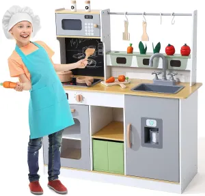 Ice Maker, Chalkboard, Planter Area Bophy Wooden Farm & Kitchen Playset, Kids Play Kitchen with Cookware Accessories, Wooden Chef migrant Pretend Play Set with 