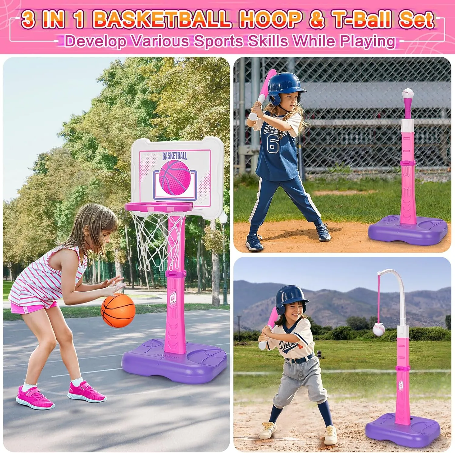 in 1 Kids Basketball Hoop and T Ball Set, revitalize operation attain trail Pink Adjustable Height Toddler Basketball Hoop, Hanging Tee Baseball, Indoor Outdoor Sports Toys Gifts for Toddlers Boys Girls Ages 3 4 5 Year 3 