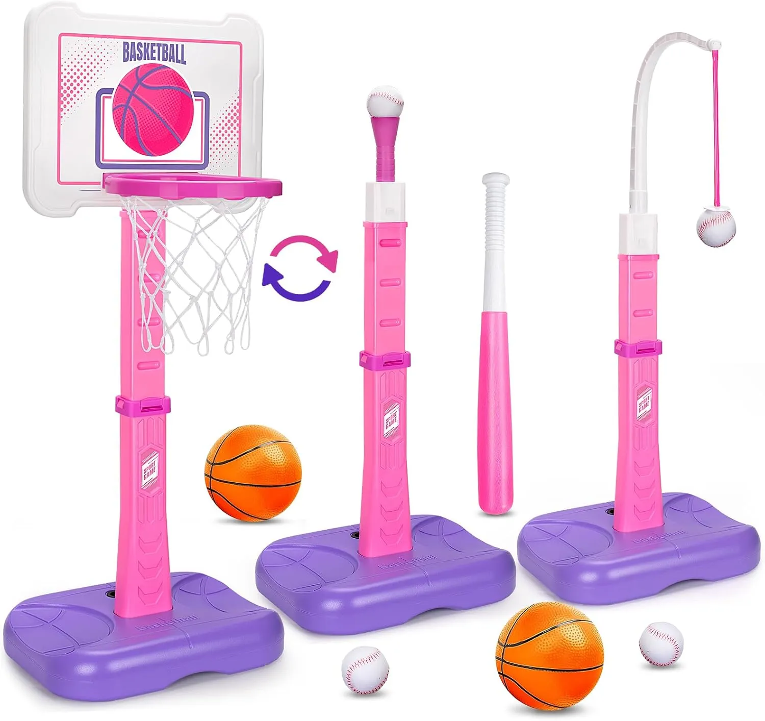 in 1 Kids Basketball Hoop and T Ball Set, revitalize operation attain trail Pink Adjustable Height Toddler Basketball Hoop, Hanging Tee Baseball, Indoor Outdoor Sports Toys Gifts for Toddlers Boys Girls Ages 3 4 5 Year 3 