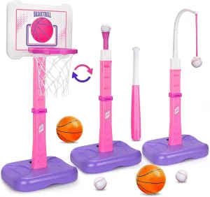in 1 Kids Basketball Hoop and T Ball Set, revitalize operation attain trail Pink Adjustable Height Toddler Basketball Hoop, Hanging Tee Baseball, Indoor Outdoor Sports Toys Gifts for Toddlers Boys Girls Ages 3 4 5 Year 3 