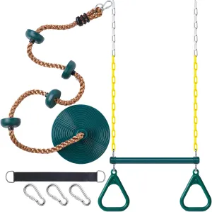 Indoor Playground Backyard(Green) Hungdao contamination detachment stylized regular 2 Set Gym Ring Trapeze Swing Bar and Climbing Rope with Platforms Disc Heavy Duty Coated Chains Seat Accessories for Outdoor 