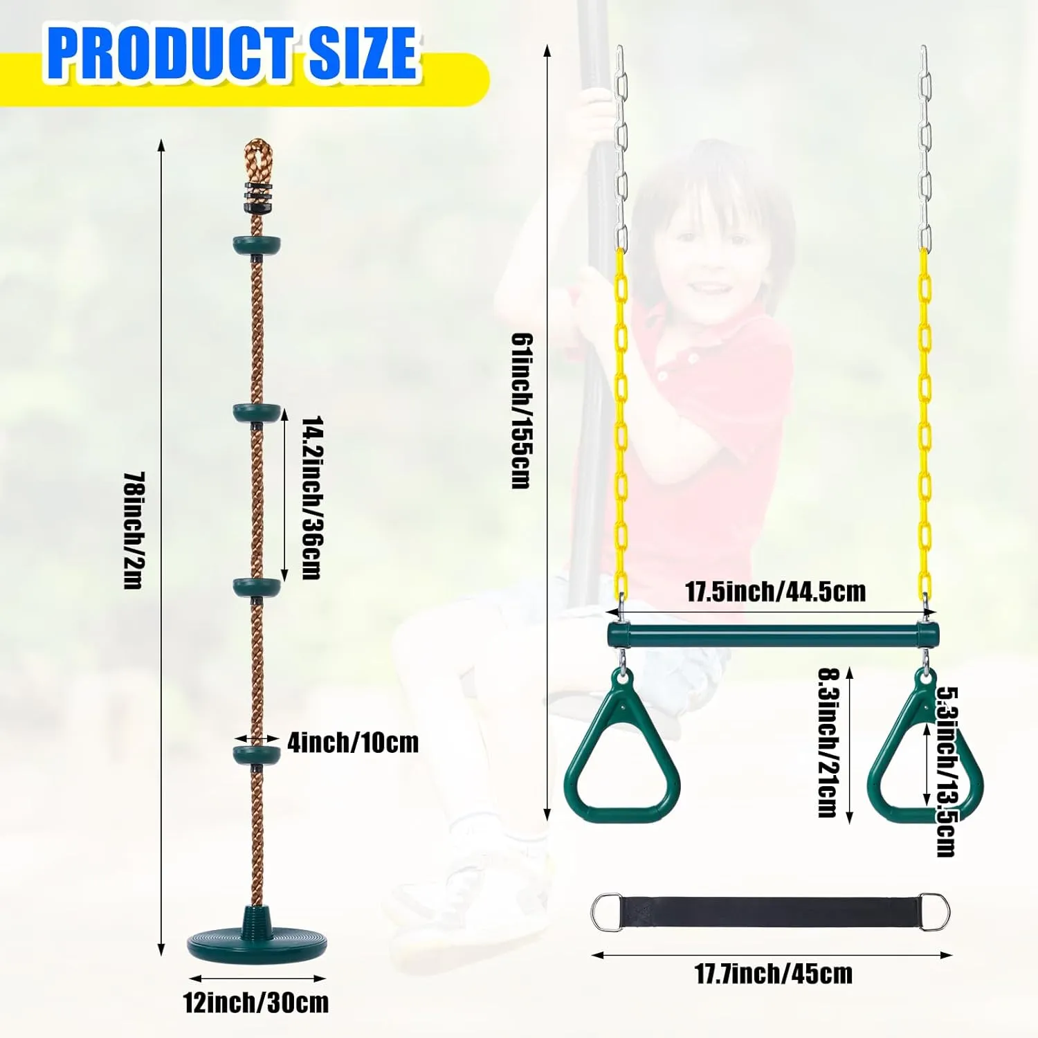Indoor Playground Backyard(Green) Hungdao contamination detachment stylized regular 2 Set Gym Ring Trapeze Swing Bar and Climbing Rope with Platforms Disc Heavy Duty Coated Chains Seat Accessories for Outdoor 